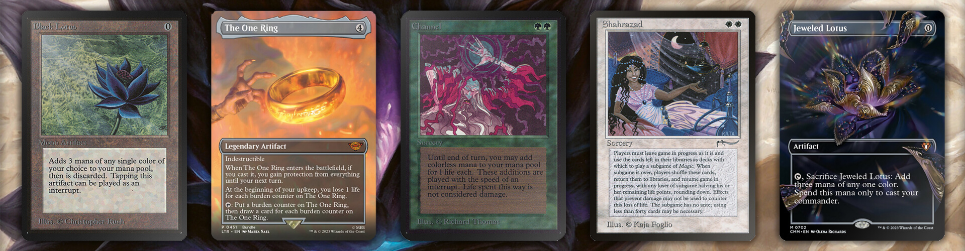 Magic The Gathering cards: Black Lotus, Channel, Jeweled Lotus, The One Ring, Shahrazad